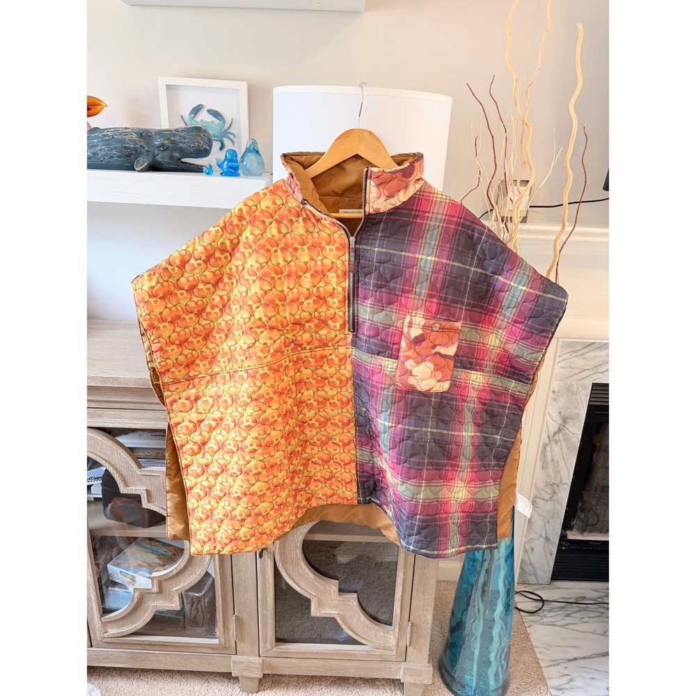 Urban Outfitters Quilted Mixed Print Poncho Womens Orange Plaid OS